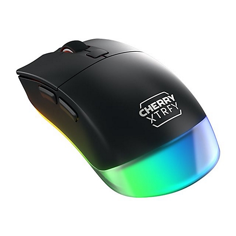 Schwarze Gaming-Maus mit RGB-Beleuchtung und "CHERRY XTRFY"-Logo. Das Mausrad und die Unterseite leuchten farbenfroh.