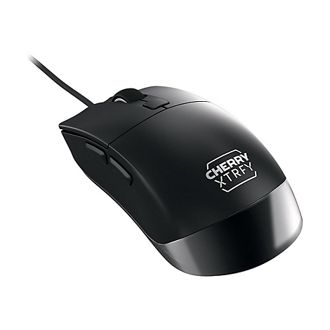 Schwarze Gaming-Maus mit Schriftzug CHERRY XTRFY, Kabel und Scrollrad. Detailansicht.