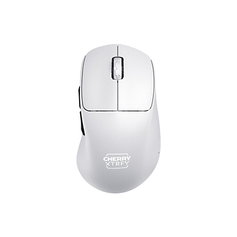 Weisse Maus mit CHERRY XTRFY Logo. Oberseite mit Maustaste, Scrollrad, und Linien. Auf hellem Hintergrund.