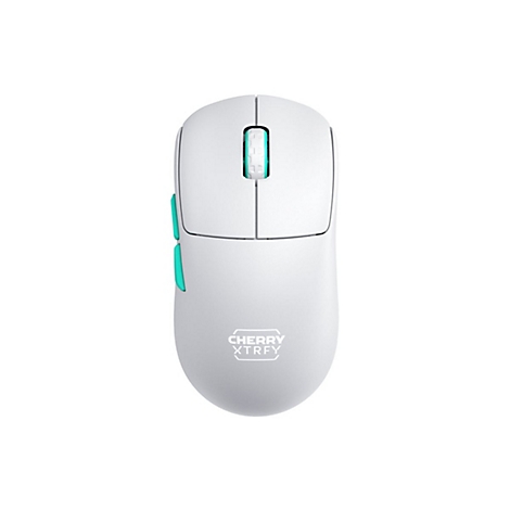 WeiÃŸe Gaming-Maus mit tÃ¼rkisen Akzenten und beleuchtetem Mausrad. Auf der Unterseite steht CHERRY XTRFY.