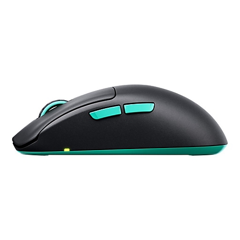 Souris d'ordinateur noire avec des touches et des boutons turquoise. Le design est moderne et ergonomique. Sur fond blanc.