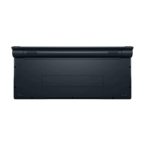 Dunkelgraue Rückseite eines Laptops, leicht glänzend. Rechteckige Form, abgerundete Ecken. Gehäuse mit verschiedenen Aussparungen.