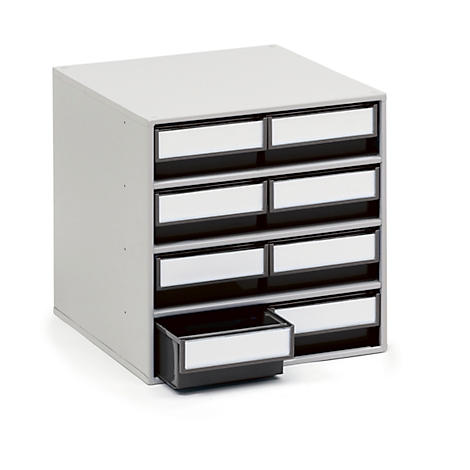 Gray filing cabinet with nine drawers, one drawer open.
