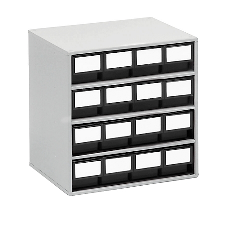 Gray mini cabinet with 16 drawers and white labels. Drawers are outlined in black.
