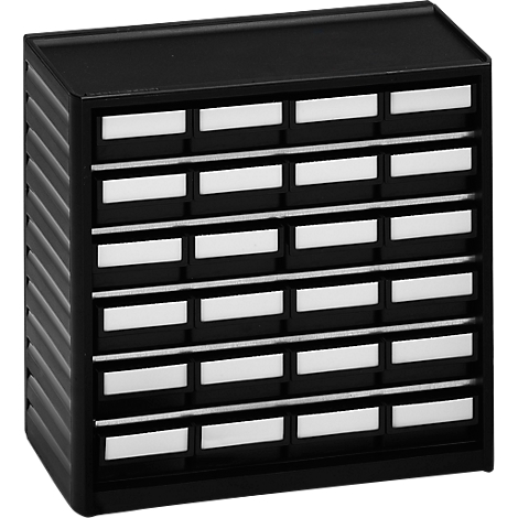 Black drawer cabinet with small white drawers for organization. Ideal for small parts.