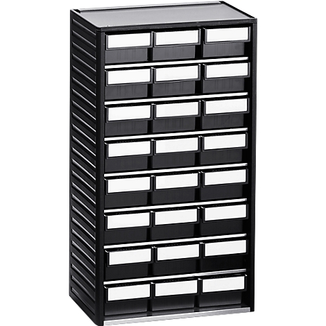 Black drawer cabinet with 18 drawers and white labeling fields.