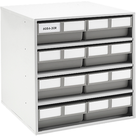White storage shelf with gray drawers, labeled.