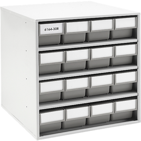 White drawer system with gray drawers and white label fields. One field reads "6164-30R".