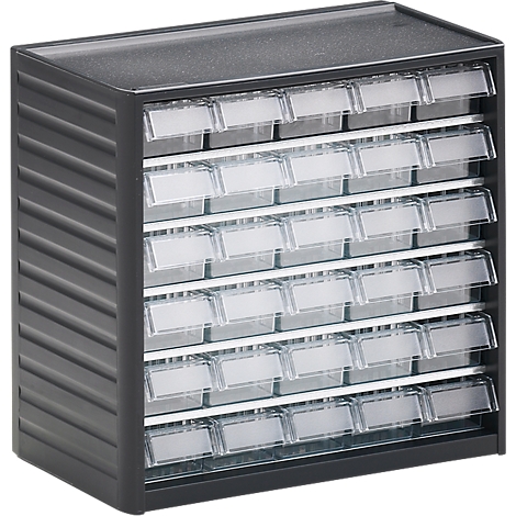 Dark gray drawer cabinet with many transparent drawers and white labels.