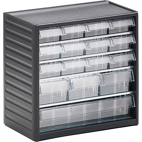 Dark gray drawer cabinet with transparent drawers. The cabinet has multiple rows of drawers.