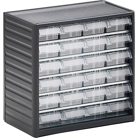 Gray parts organizer with drawers, each with a transparent flap and a labeling field.