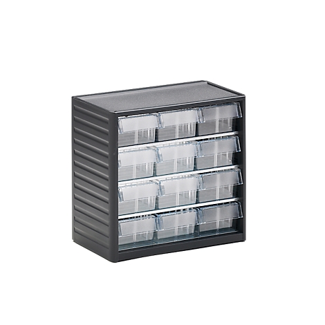 Gray cabinet with 10 transparent drawers. The drawers are arranged horizontally.