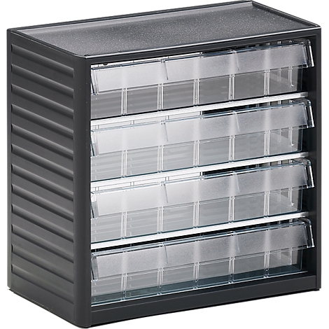 Dark gray organizer with transparent drawers. The drawers are divided into small compartments.