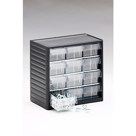 Dark gray drawer cabinet with transparent drawers. One drawer is open and contains metal parts.