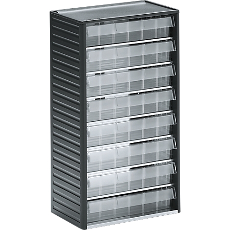 A black tool cabinet with eight transparent drawers.