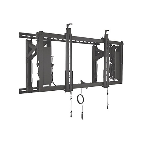Schwarze TV-Wandhalterung, offen, mit diversen Halterungen und Seilen vor weißem Hintergrund.