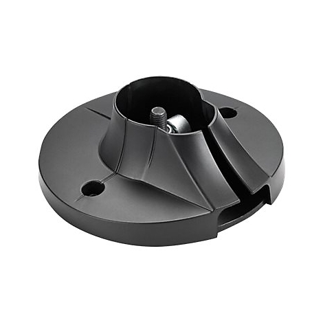 Support en plastique noir avec vis, écrou et rondelle. Des trous sont présents sur la base ronde.