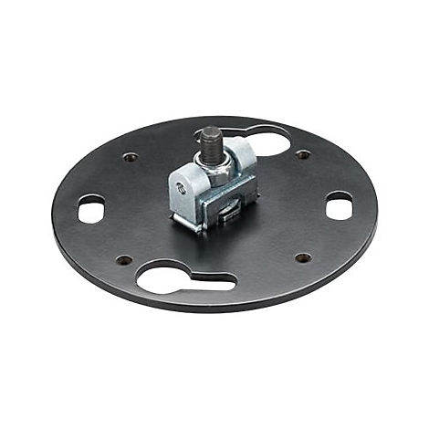 Plaque métallique noire avec un élément de fixation en métal et une vis au centre. Plaque ronde avec des trous.