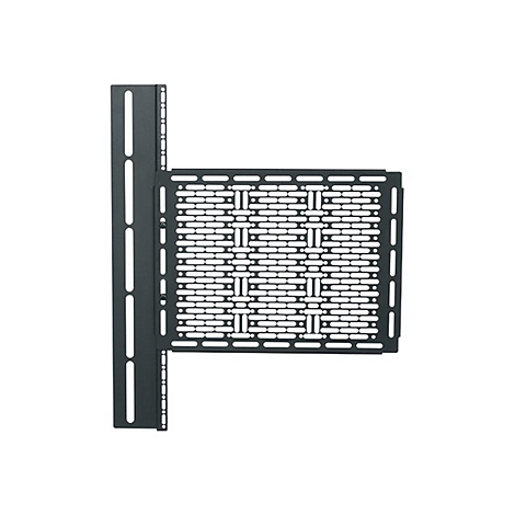 Support métallique noir à trous pour montage en rack, sur fond blanc.