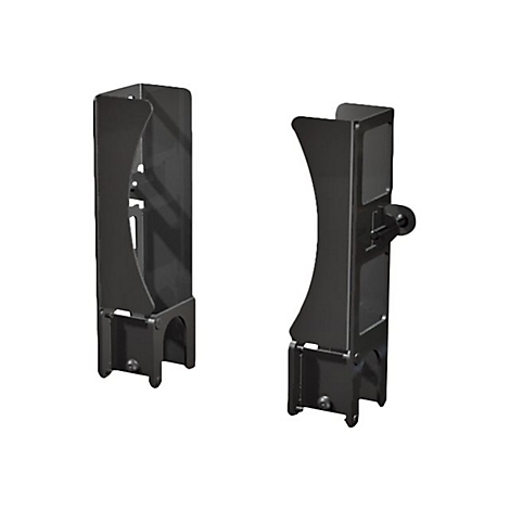 Deux supports noirs de profil, légèrement obliques, avec des trous et un élément rond.