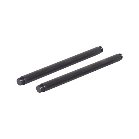 Deux tiges métalliques noires et allongées sur fond blanc. De petits capuchons ronds se trouvent aux extrémités.