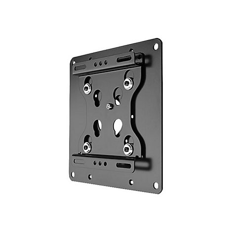 Schwarze, flache Wandhalterung für Fernseher oder Monitore aus Metall vor weißem Hintergrund.