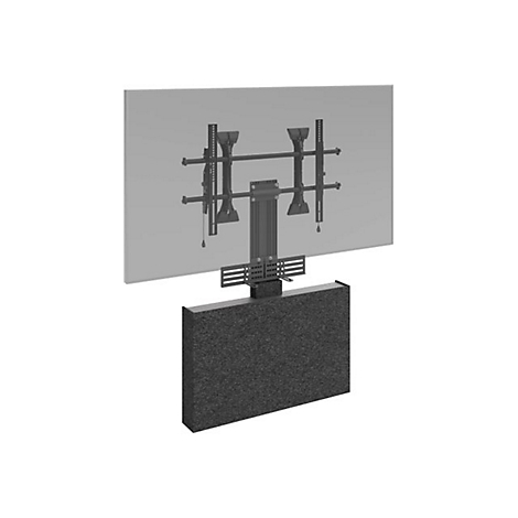 Schwarze TV-Wandhalterung mit integriertem akustischem Soundpaneel unter dem Bildschirm.