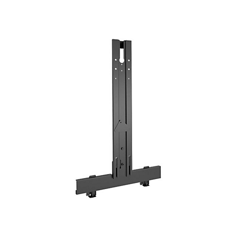 Schwarze TV-Halterung, bestehend aus einem vertikalen Teil und einem horizontalen Teil mit Füßen.