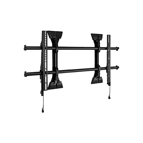 Schwarze TV-Wandhalterung, bestehend aus horizontalen Stangen und vertikalen Schienen mit Kabeln.
