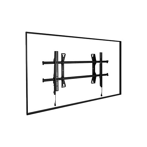 Schwarze TV-Halterung mit Schrauben und Seilen vor weißem Hintergrund. Der Rahmen ist schwarz.