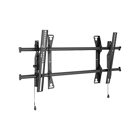 Schwarze TV-Wandhalterung, bestehend aus horizontalen Stangen und vertikalen Halterungen, mit Kabeln und Befestigungslöchern.