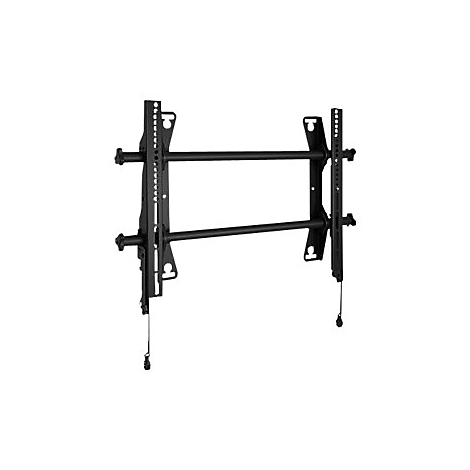 Schwarze TV-Wandhalterung, bestehend aus senkrechten Schienen, waagerechten Stangen und Einstellvorrichtungen; Kabel hängen herab.