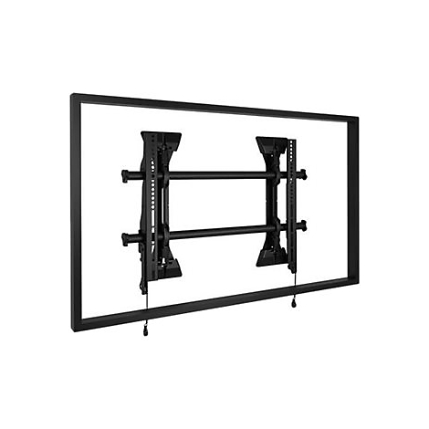 Schwarze TV-Halterung an weiÃŸer Wand, montiert, mit Halterungen, Schrauben und Stangen.