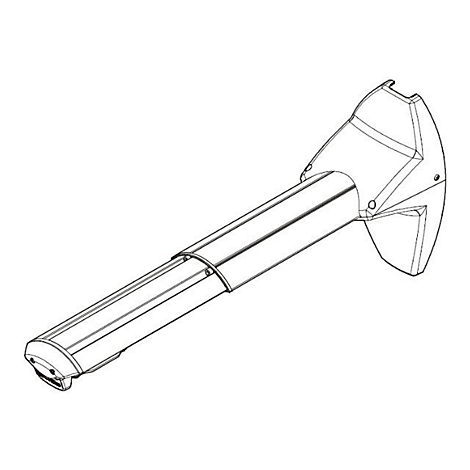 Technische Strichzeichnung eines Markisenarms mit Wandhalterung auf weißem Grund.