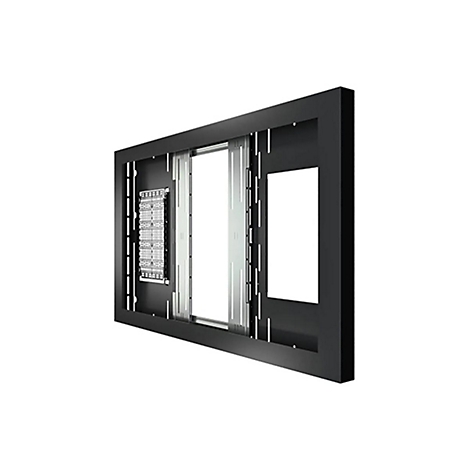 Schwarzer Metallrahmen für Digital Signage Displays mit innerer Halterung vor weißem Hintergrund.