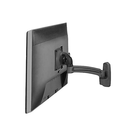 Ein Computermonitor ist seitlich an einer schwenkbaren Wandhalterung befestigt.