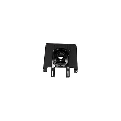 Schwarze Metallhalterung mit zentraler Öffnung und verstellbaren Führungsschienen.