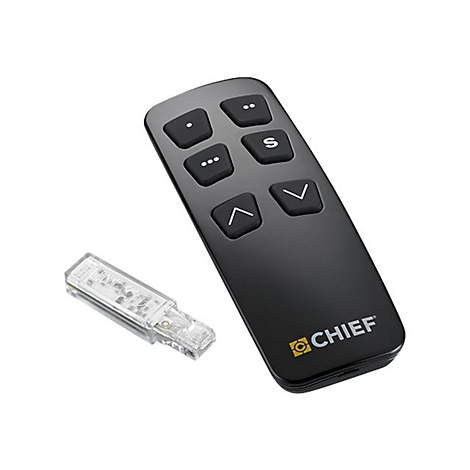 Schwarze Fernbedienung mit Tasten für Einstellungen und ein kleiner, transparenter USB-Empfänger auf weißem Grund.