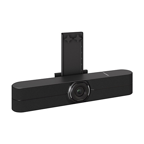 Eine schwarze Videokonferenzkamera mit Halterung. Vorderseite mit Objektiv und Logo, Halterung mit Sternknöpfen.