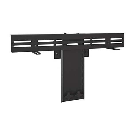 Schwarze TV-Halterung, die aus verschiedenen Metallplatten zusammengesetzt ist. Der obere Teil hat horizontale Schlitze, der untere hat Schrauben.