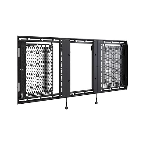 Schwarze TV-Wandhalterung, rechteckig, mit Lochmuster und Kabeln.