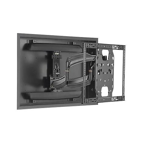 Schwarze TV-Wandhalterung, offen, Details der Mechanik sichtbar.