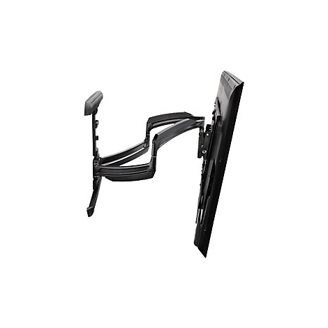 Schwarze TV-Halterung mit schwenkbarem Arm, der an einem schwarzen Flachbildschirm befestigt ist. Auf weiÃŸem Hintergrund.