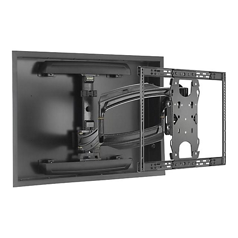 Schwarze TV-Wandhalterung in Box mit montiertem Schwenkarm. Der rechteckige Rahmen hÃ¤lt den Fernseher.