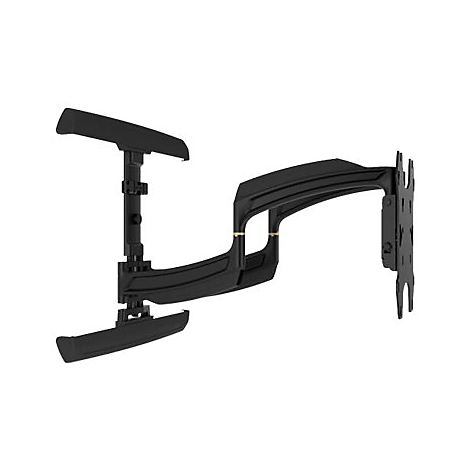 Schwarze TV-Wandhalterung, ausladend geformt, mit mehreren Gelenken. Vor weißem Hintergrund, im Detail.