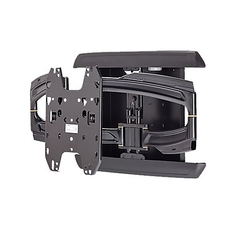 Schwarze TV-Wandhalterung, drehbar und ausziehbar.