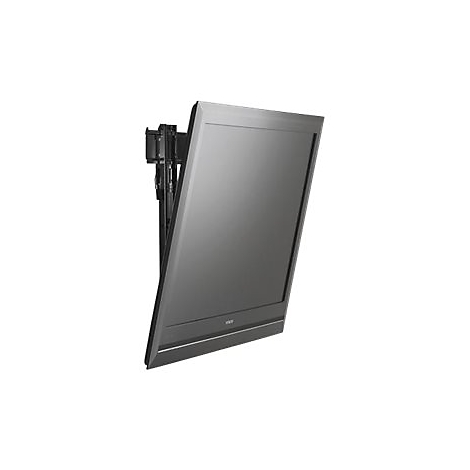 Ein schwarzer Flachbildfernseher ist an einer schwarzen Halterung befestigt und leicht zur Seite geneigt.