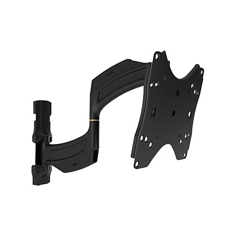 Schwarze TV-Wandhalterung, drehbar. Sie besteht aus einem Wandarm, einem Gelenk und einer Halteplatte.