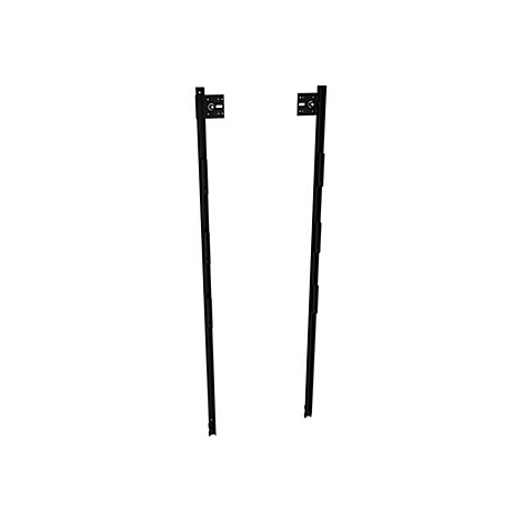 Zwei schwarze Metall-Führungsschienen für Schubladen mit quadratischen Montageplatten am oberen Ende.