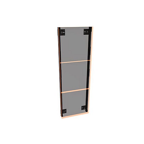 Ein schmales, vertikales Wandelement in Grau mit orangefarbenen Rahmenkanten und schwarzen Befestigungen.